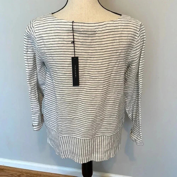Tahari Linen Pullover Navy White Blouse Top Striped S Split Hem Small NWT - Picture 3 of 7